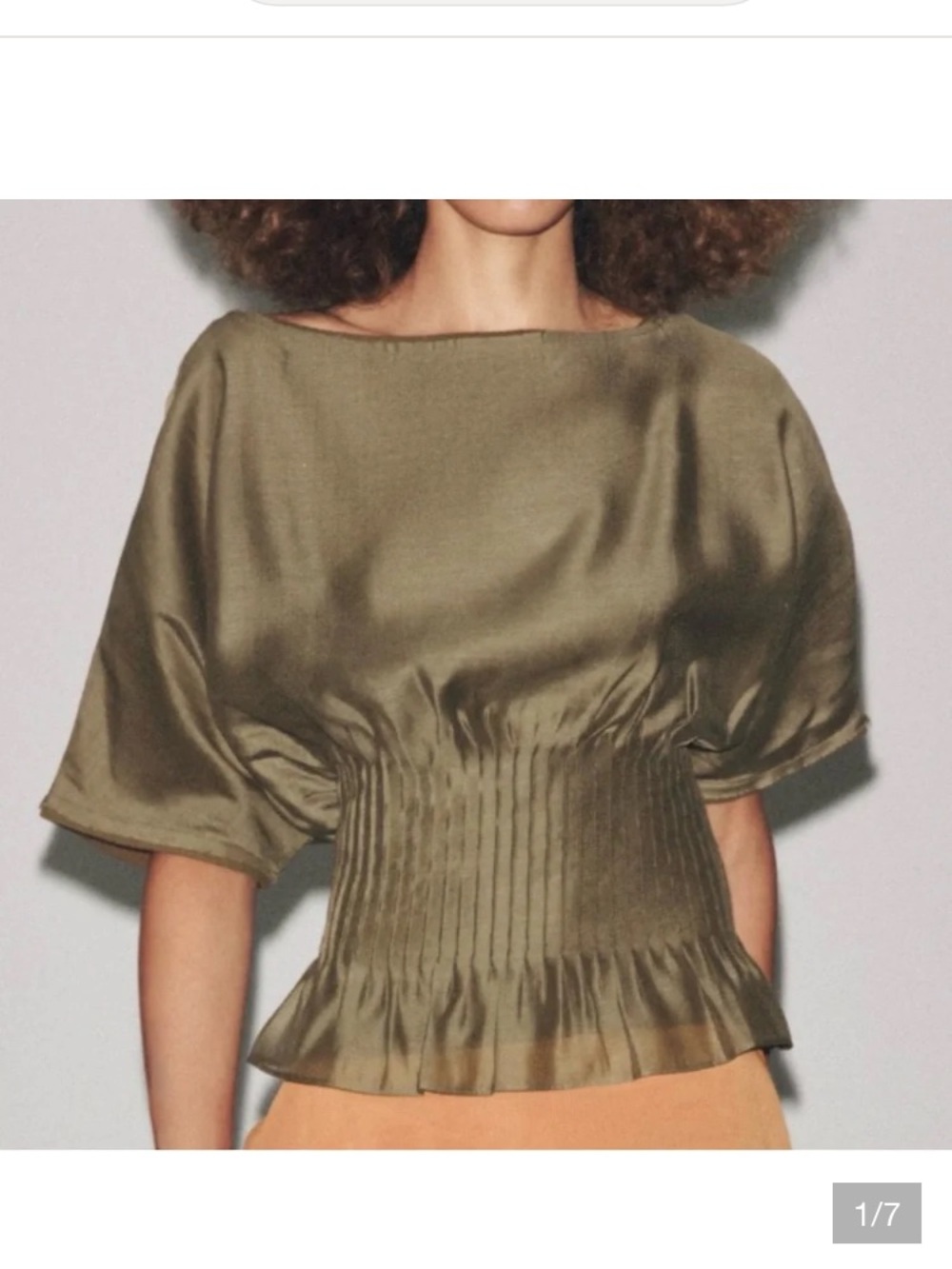 Zara Olive Satin Smocked-Waist Boat Neck Blouse